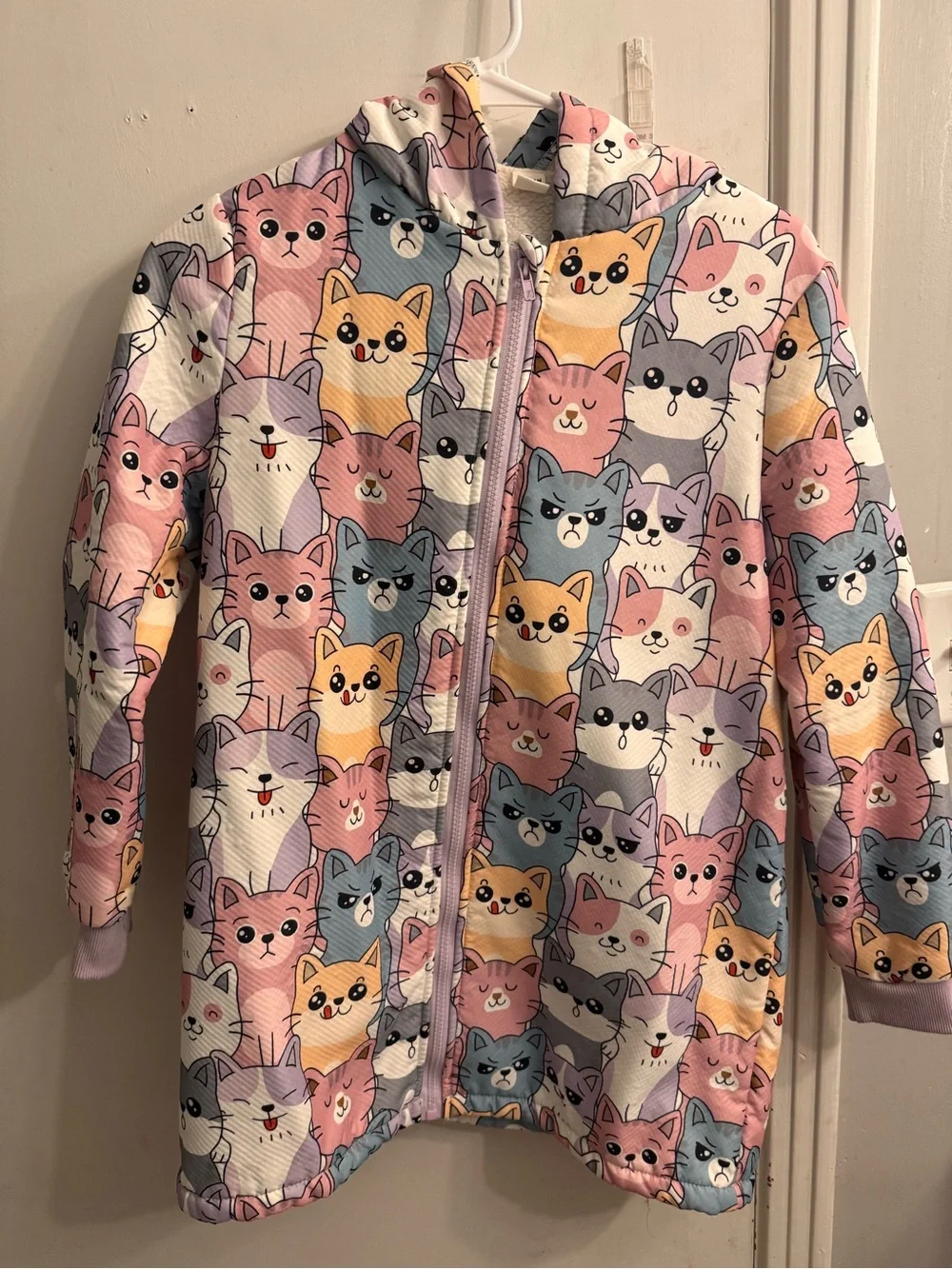 SHEIN Kids Hooded Jacket in Pastel Pink, Purple, Blue & Yellow Cat Print